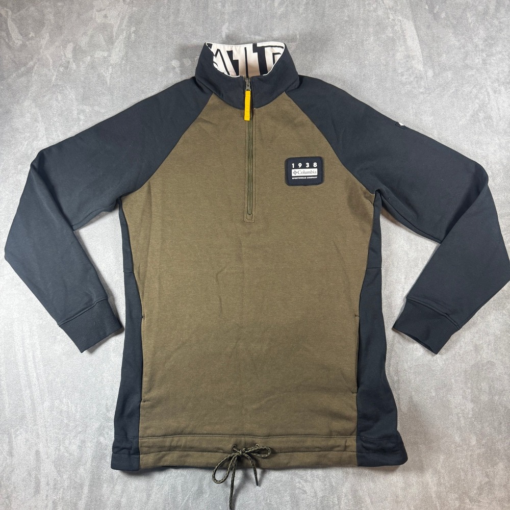 Columbia 1938 Womens Medium Olive Green Black 1/4 Zip Fleece Pullover Colorblock